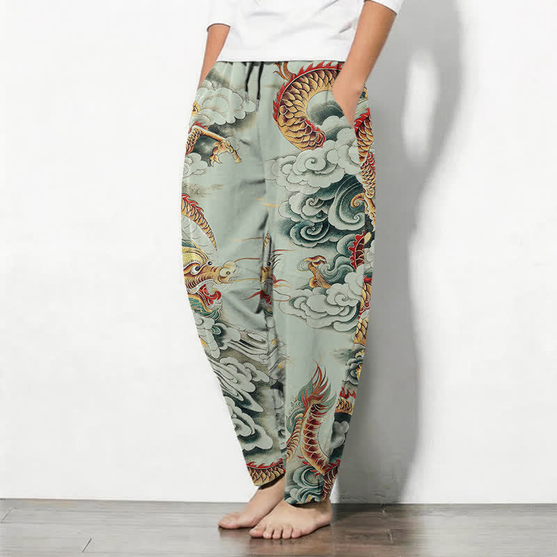 Buddha Stones Pantalon fuselé pour homme en pur coton, motif dragon nuage, cordon de serrage et poches - image 8