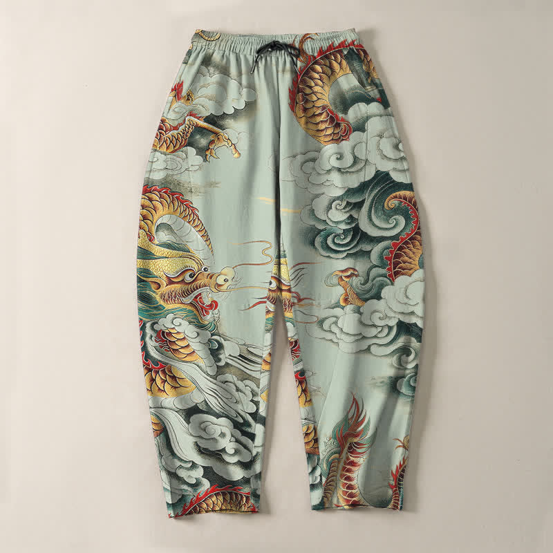 Buddha Stones Pantalon fuselé pour homme en pur coton, motif dragon nuage, cordon de serrage et poches - image 9