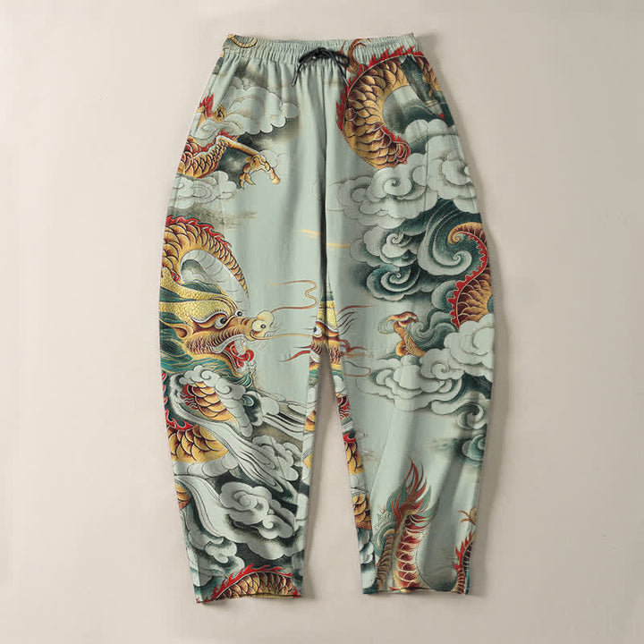 Buddha Stones Pantalon fuselé pour homme en pur coton, motif dragon nuage, cordon de serrage et poches - image 9
