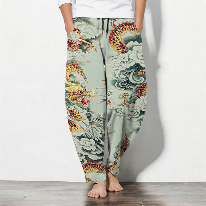 Buddha Stones Pantalon fuselé pour homme en pur coton, motif dragon nuage, cordon de serrage et poches - Vert pâle - US/UK/AU50，EU60 (5XL) - image 7