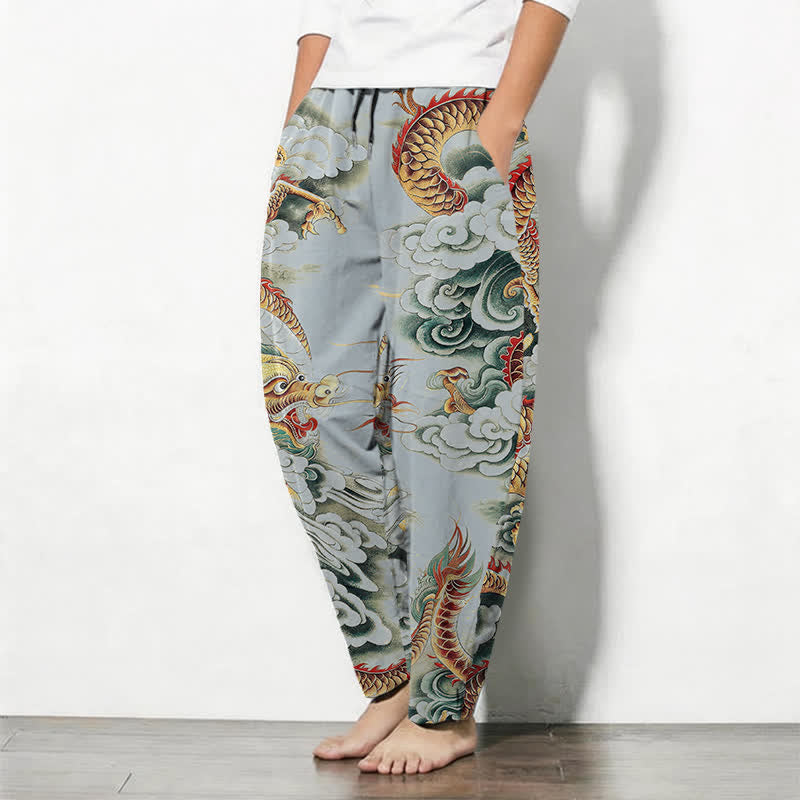 Buddha Stones Pantalon fuselé pour homme en pur coton, motif dragon nuage, cordon de serrage et poches - image 12