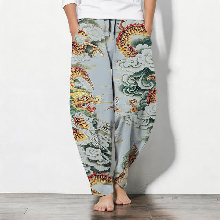 Buddha Stones Pantalon fuselé pour homme en pur coton, motif dragon nuage, cordon de serrage et poches - Bleu poudré - US/UK/AU50，EU60 (5XL) - image 11