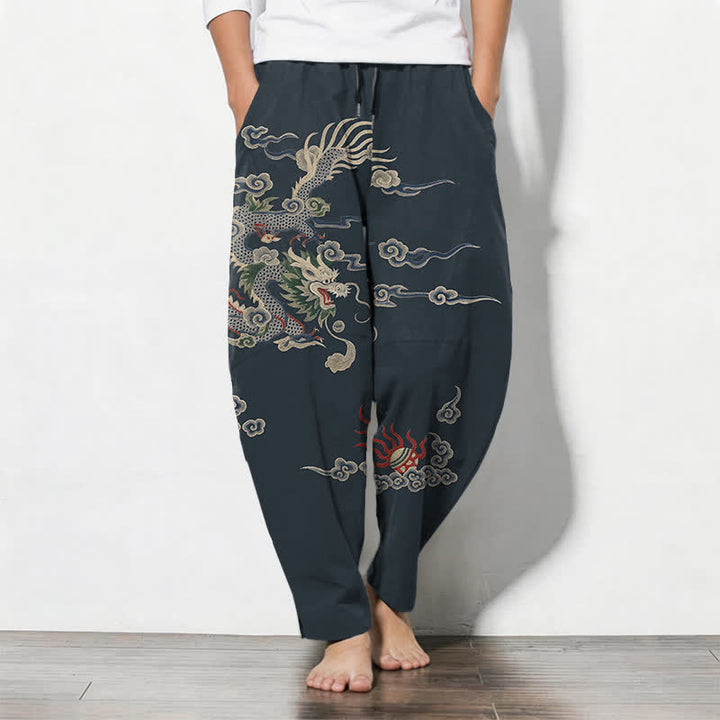 Buddha Stones Pantalon fuselé pour homme en pur coton, motif nuage de dragon et boule de feu, cordon de serrage et poches - Marine - US/UK/AU50，EU60 (5XL) - image 0