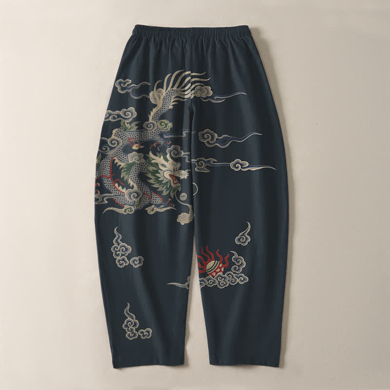 Buddha Stones Pantalon fuselé pour homme en pur coton, motif nuage de dragon et boule de feu, cordon de serrage et poches - image 3