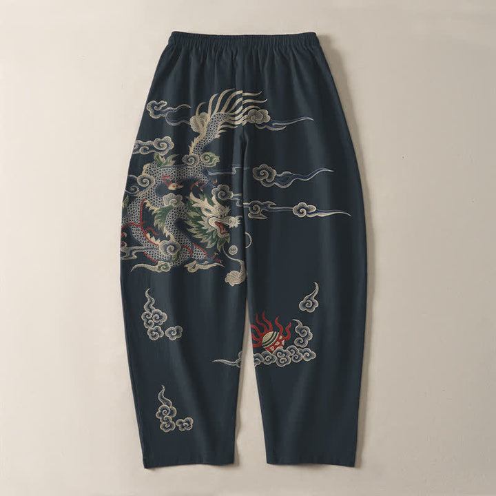 Buddha Stones Pantalon fuselé pour homme en pur coton, motif nuage de dragon et boule de feu, cordon de serrage et poches - image 3