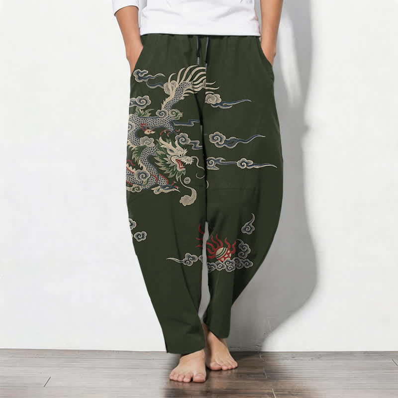 Buddha Stones Pantalon fuselé pour homme en pur coton, motif nuage de dragon et boule de feu, cordon de serrage et poches - Vert foncé - US/UK/AU50，EU60 (5XL) - image 7