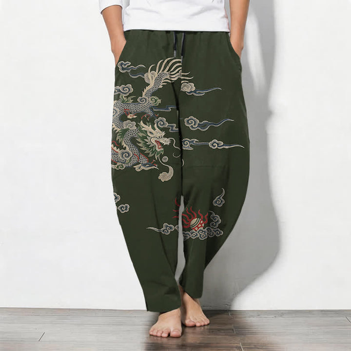 Buddha Stones Pantalon fuselé pour homme en pur coton, motif nuage de dragon et boule de feu, cordon de serrage et poches - Vert foncé - US/UK/AU50，EU60 (5XL) - image 7
