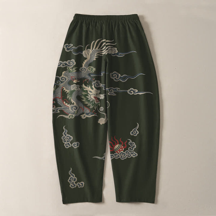 Buddha Stones Pantalon fuselé pour homme en pur coton, motif nuage de dragon et boule de feu, cordon de serrage et poches - image 10