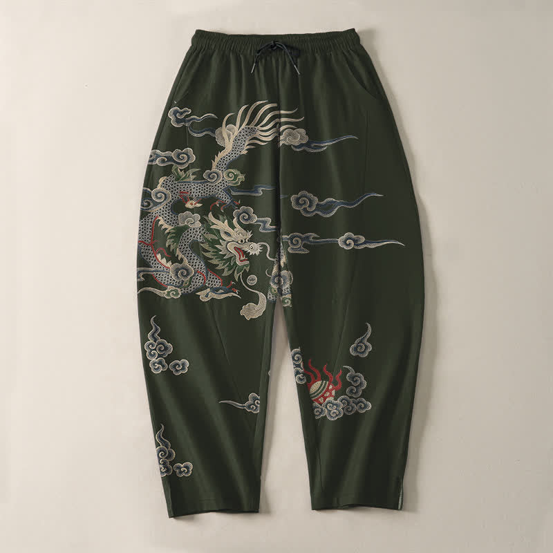 Buddha Stones Pantalon fuselé pour homme en pur coton, motif nuage de dragon et boule de feu, cordon de serrage et poches - image 9