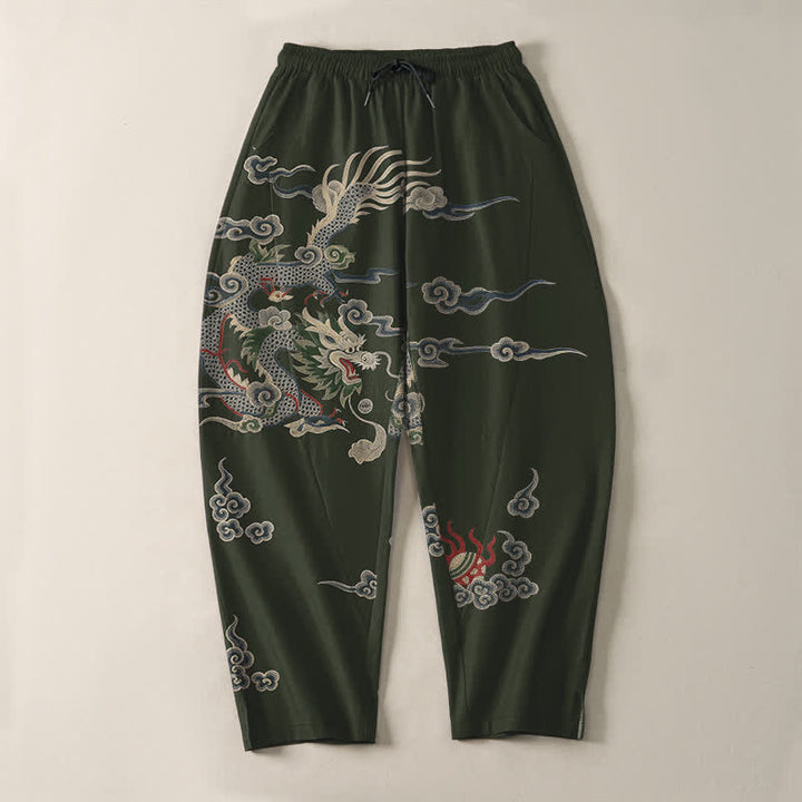 Buddha Stones Pantalon fuselé pour homme en pur coton, motif nuage de dragon et boule de feu, cordon de serrage et poches - image 9