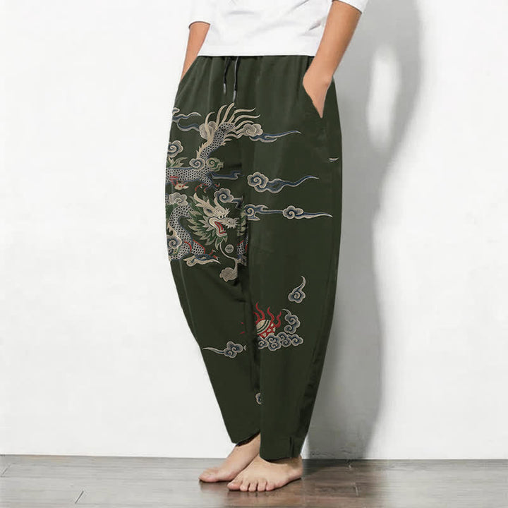 Buddha Stones Pantalon fuselé pour homme en pur coton, motif nuage de dragon et boule de feu, cordon de serrage et poches - image 8