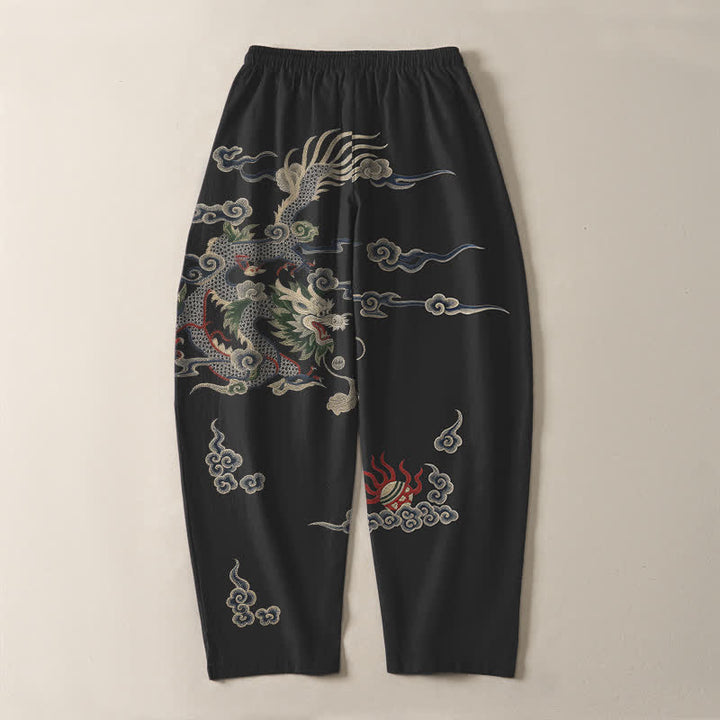 Buddha Stones Pantalon fuselé pour homme en pur coton, motif nuage de dragon et boule de feu, cordon de serrage et poches - image 14