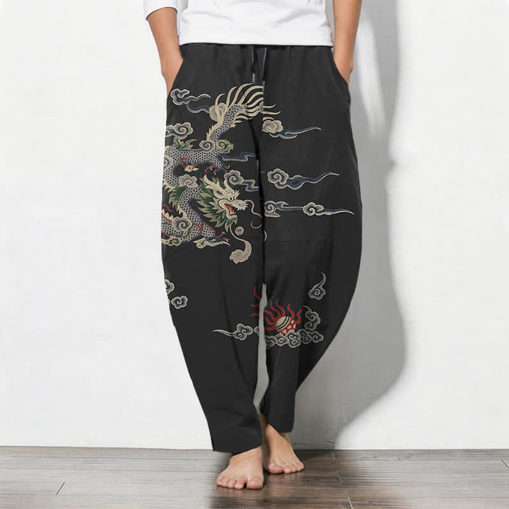 Buddha Stones Pantalon fuselé pour homme en pur coton, motif nuage de dragon et boule de feu, cordon de serrage et poches - Noir - US/UK/AU50，EU60 (5XL) - image 11