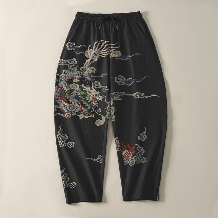 Buddha Stones Pantalon fuselé pour homme en pur coton, motif nuage de dragon et boule de feu, cordon de serrage et poches - image 13