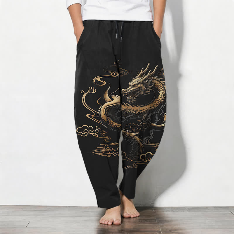 Buddha Stones Pantalon fuselé pour homme en pur coton, motif nuage porte-bonheur et dragon doré, cordon de serrage et poches - Noir - US/UK/AU50，EU60 (5XL) - image 0