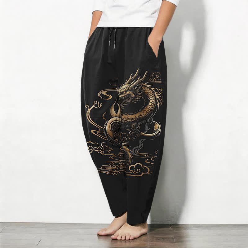 Buddha Stones Pantalon fuselé pour homme en pur coton, motif nuage porte-bonheur et dragon doré, cordon de serrage et poches - image 1