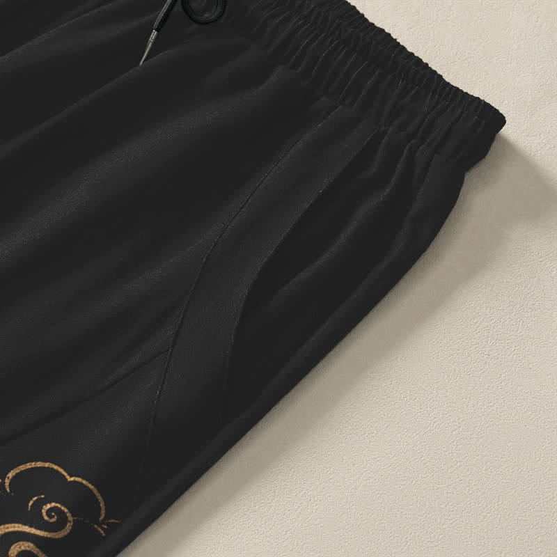 Buddha Stones Pantalon fuselé pour homme en pur coton, motif nuage porte-bonheur et dragon doré, cordon de serrage et poches - image 4