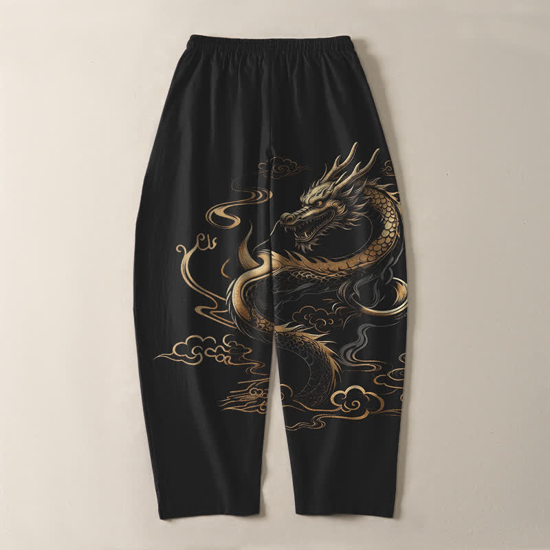 Buddha Stones Pantalon fuselé pour homme en pur coton, motif nuage porte-bonheur et dragon doré, cordon de serrage et poches - image 3
