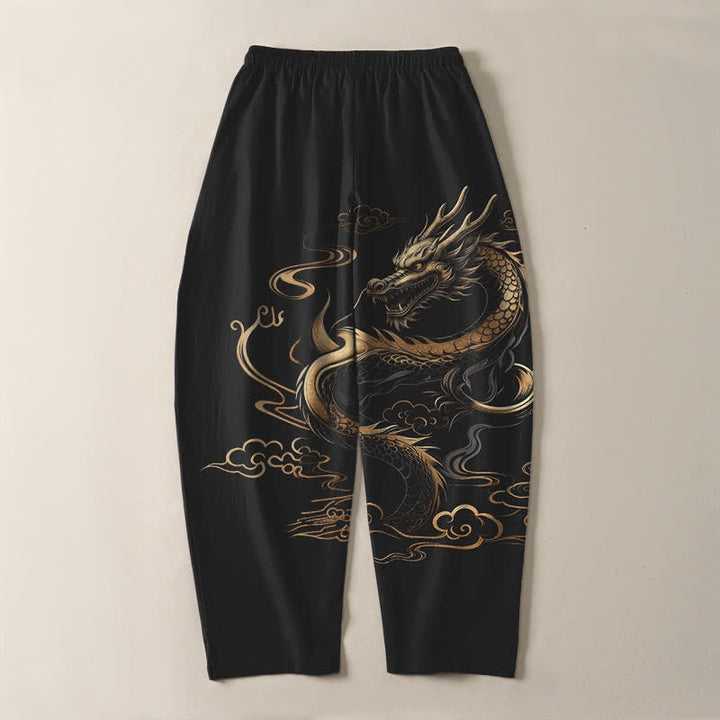 Buddha Stones Pantalon fuselé pour homme en pur coton, motif nuage porte-bonheur et dragon doré, cordon de serrage et poches - image 3