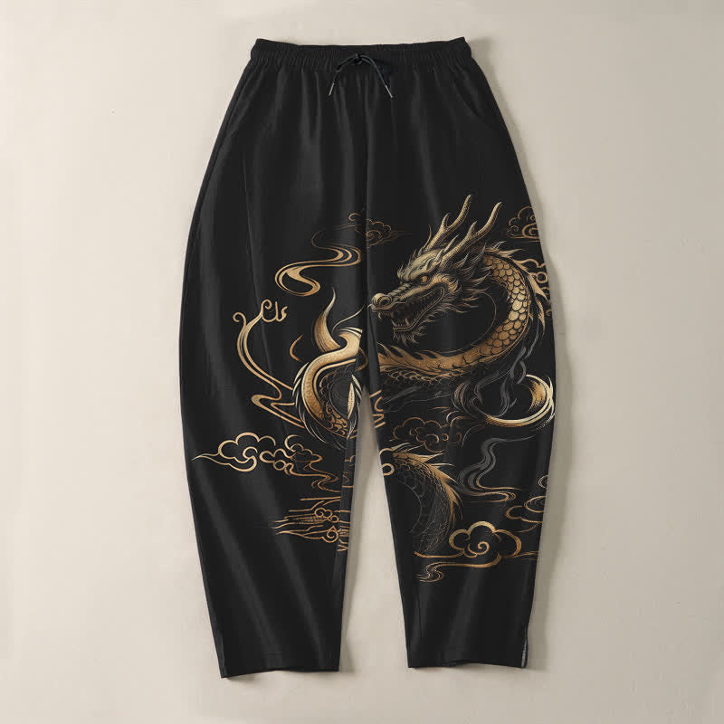 Buddha Stones Pantalon fuselé pour homme en pur coton, motif nuage porte-bonheur et dragon doré, cordon de serrage et poches - image 2