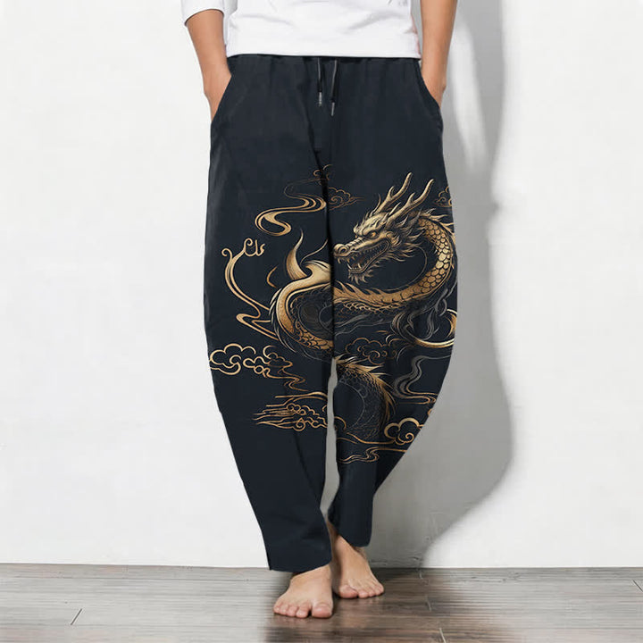 Buddha Stones Pantalon fuselé pour homme en pur coton, motif nuage porte-bonheur et dragon doré, cordon de serrage et poches - Bleu nuit - US/UK/AU50，EU60 (5XL) - image 7