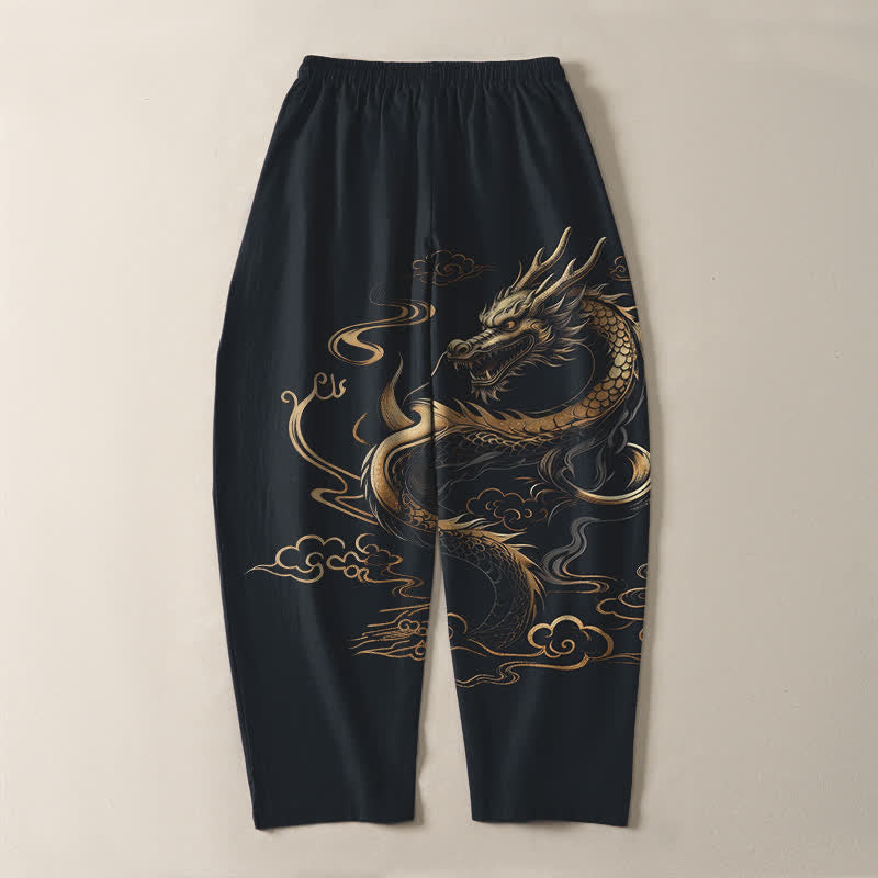 Buddha Stones Pantalon fuselé pour homme en pur coton, motif nuage porte-bonheur et dragon doré, cordon de serrage et poches - image 10