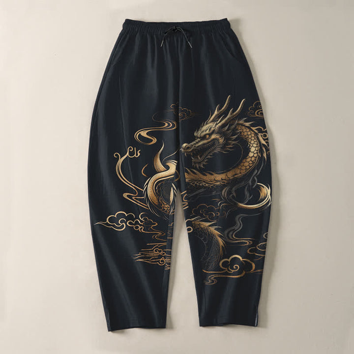 Buddha Stones Pantalon fuselé pour homme en pur coton, motif nuage porte-bonheur et dragon doré, cordon de serrage et poches - image 9