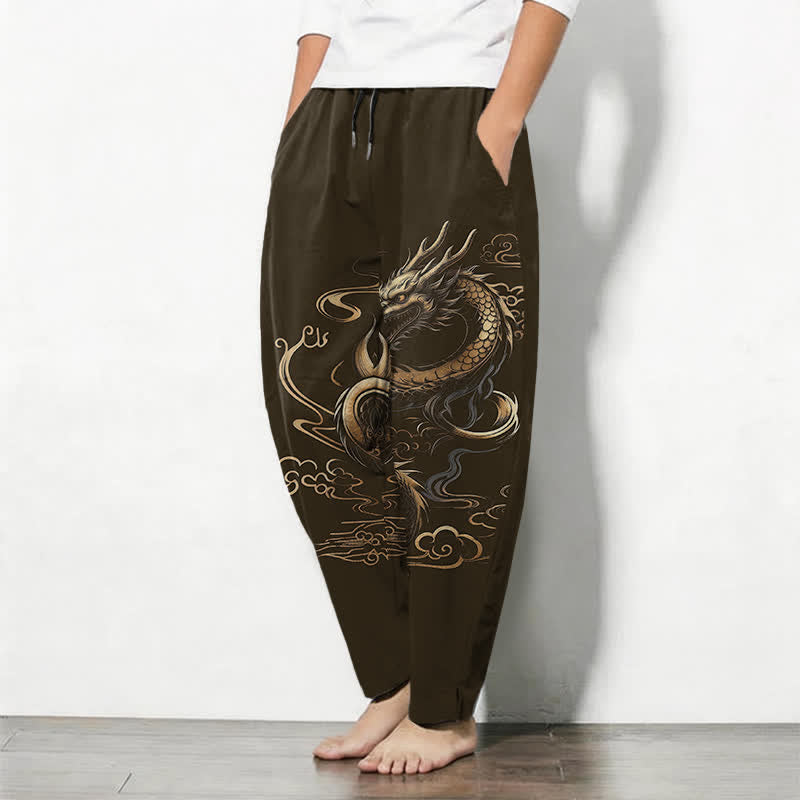 Buddha Stones Pantalon fuselé pour homme en pur coton, motif nuage porte-bonheur et dragon doré, cordon de serrage et poches - image 12