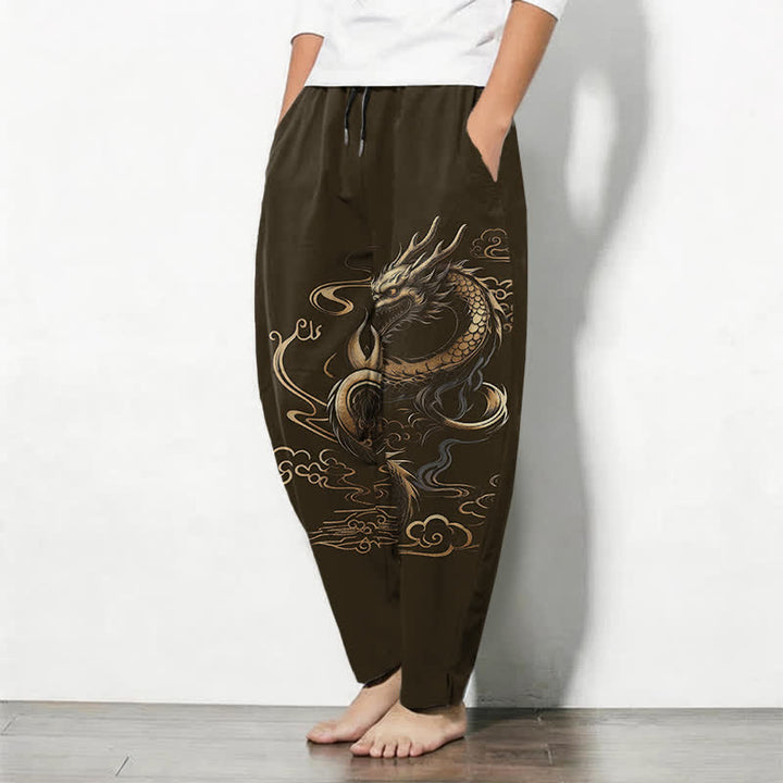 Buddha Stones Pantalon fuselé pour homme en pur coton, motif nuage porte-bonheur et dragon doré, cordon de serrage et poches - image 12