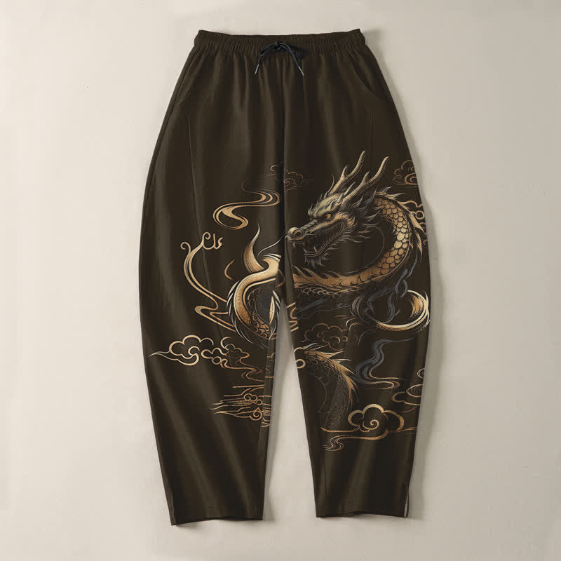 Buddha Stones Pantalon fuselé pour homme en pur coton, motif nuage porte-bonheur et dragon doré, cordon de serrage et poches - image 13