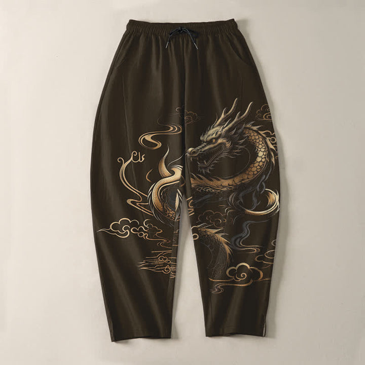 Buddha Stones Pantalon fuselé pour homme en pur coton, motif nuage porte-bonheur et dragon doré, cordon de serrage et poches - image 13