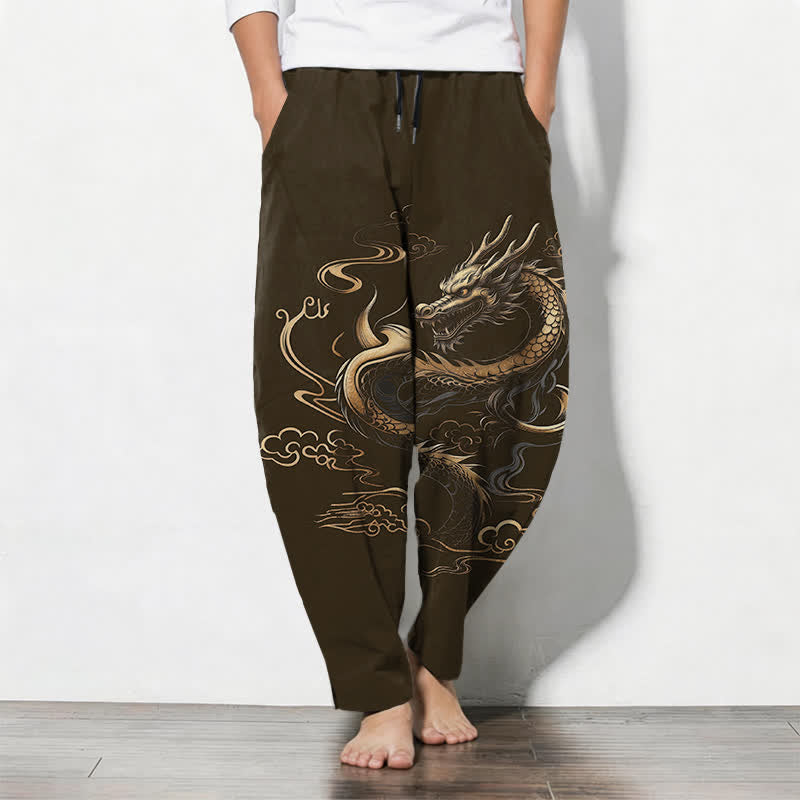 Buddha Stones Pantalon fuselé pour homme en pur coton, motif nuage porte-bonheur et dragon doré, cordon de serrage et poches - Vert olive foncé - US/UK/AU50，EU60 (5XL) - image 11
