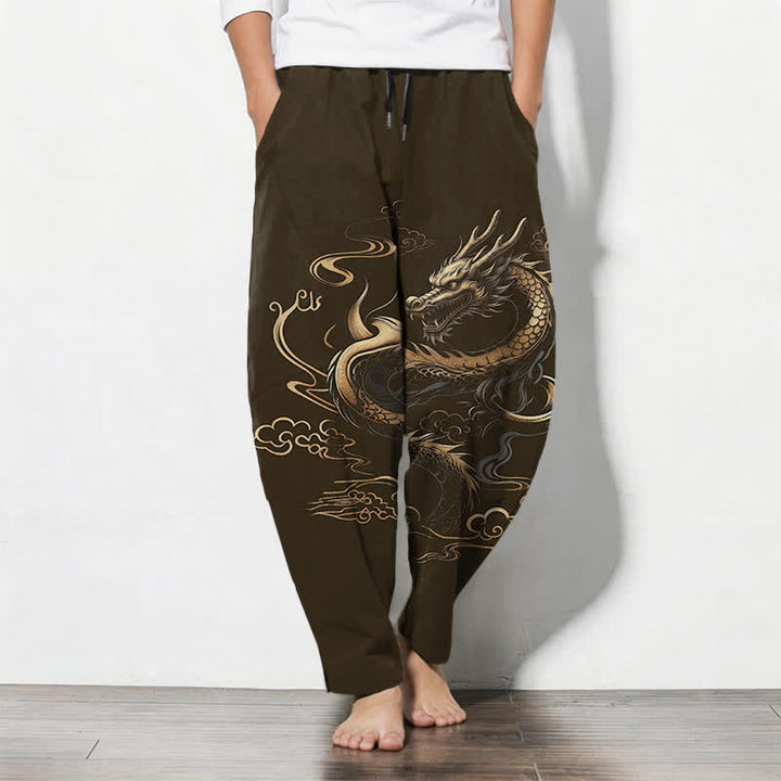Buddha Stones Pantalon fuselé pour homme en pur coton, motif nuage porte-bonheur et dragon doré, cordon de serrage et poches - Vert olive foncé - US/UK/AU50，EU60 (5XL) - image 11