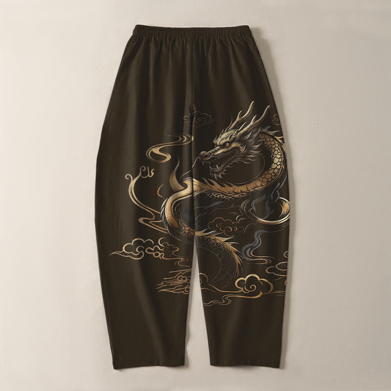 Buddha Stones Pantalon fuselé pour homme en pur coton, motif nuage porte-bonheur et dragon doré, cordon de serrage et poches - image 14