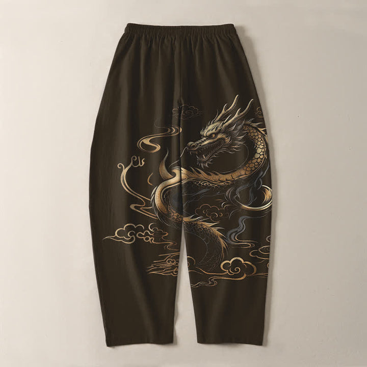 Buddha Stones Pantalon fuselé pour homme en pur coton, motif nuage porte-bonheur et dragon doré, cordon de serrage et poches - image 14