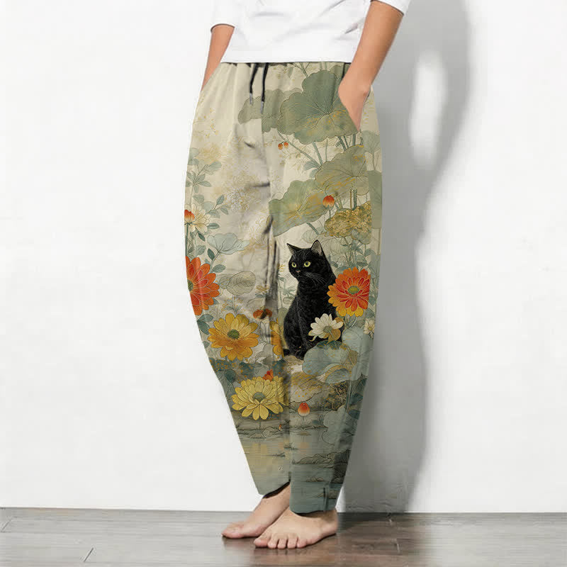 Buddha Stones Pantalon fuselé pour homme en pur coton, motif floral chat noir oriental, cordon de serrage et poches - image 1