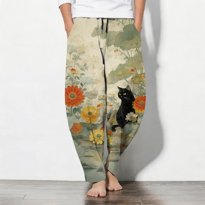 Buddha Stones Pantalon fuselé pour homme en pur coton, motif floral chat noir oriental, cordon de serrage et poches - Jaune d'or pâle - US/UK/AU50，EU60 (5XL) - image 0