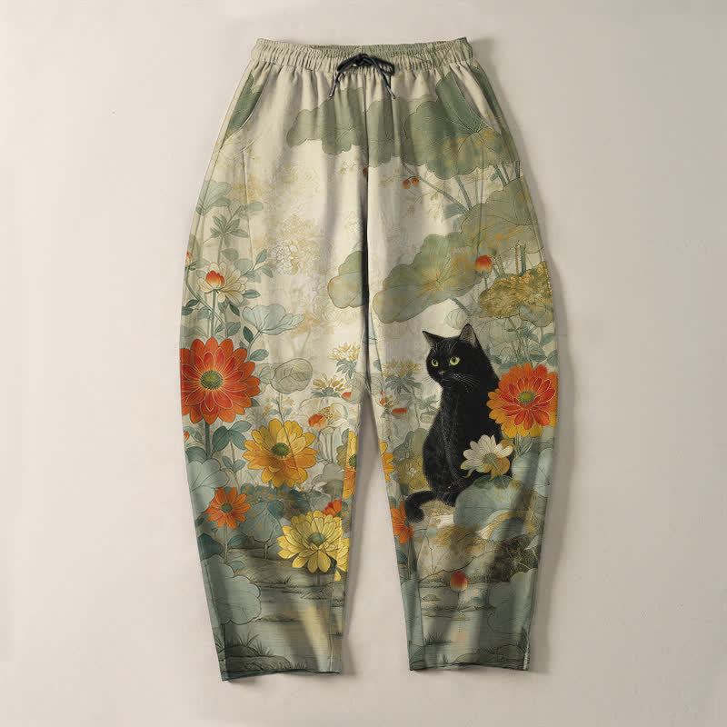 Buddha Stones Pantalon fuselé pour homme en pur coton, motif floral chat noir oriental, cordon de serrage et poches - image 2