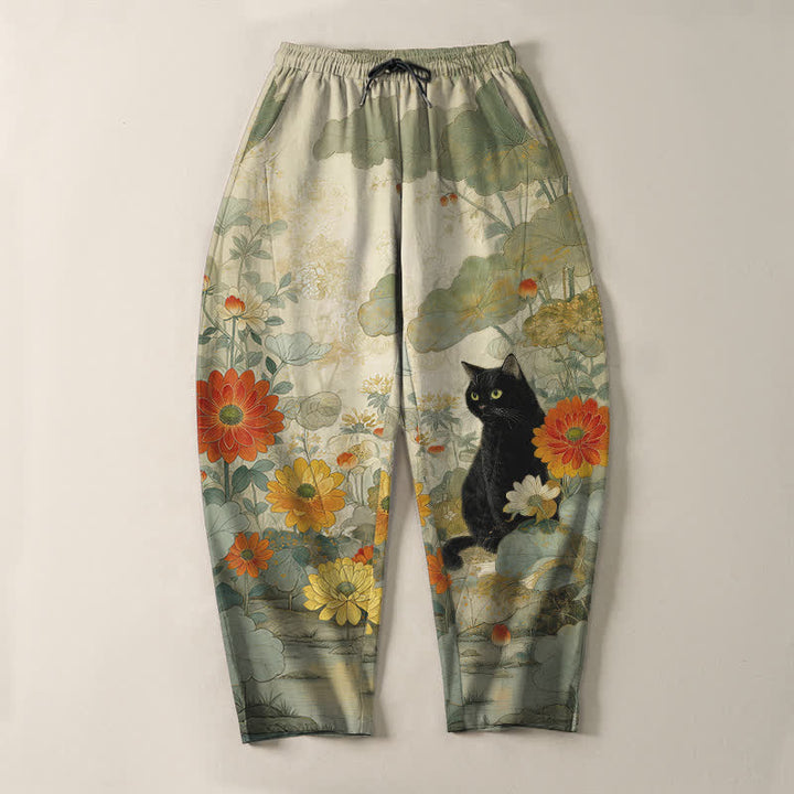 Buddha Stones Pantalon fuselé pour homme en pur coton, motif floral chat noir oriental, cordon de serrage et poches - image 2