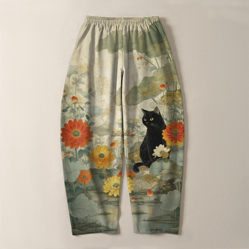 Buddha Stones Pantalon fuselé pour homme en pur coton, motif floral chat noir oriental, cordon de serrage et poches - image 3
