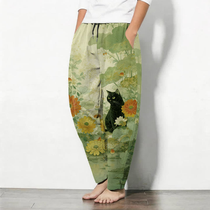Buddha Stones Pantalon fuselé pour homme en pur coton, motif floral chat noir oriental, cordon de serrage et poches - image 8