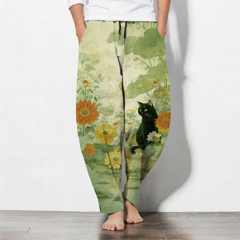 Buddha Stones Pantalon fuselé pour homme en pur coton, motif floral chat noir oriental, cordon de serrage et poches - VertJaune - US/UK/AU50，EU60 (5XL) - image 7
