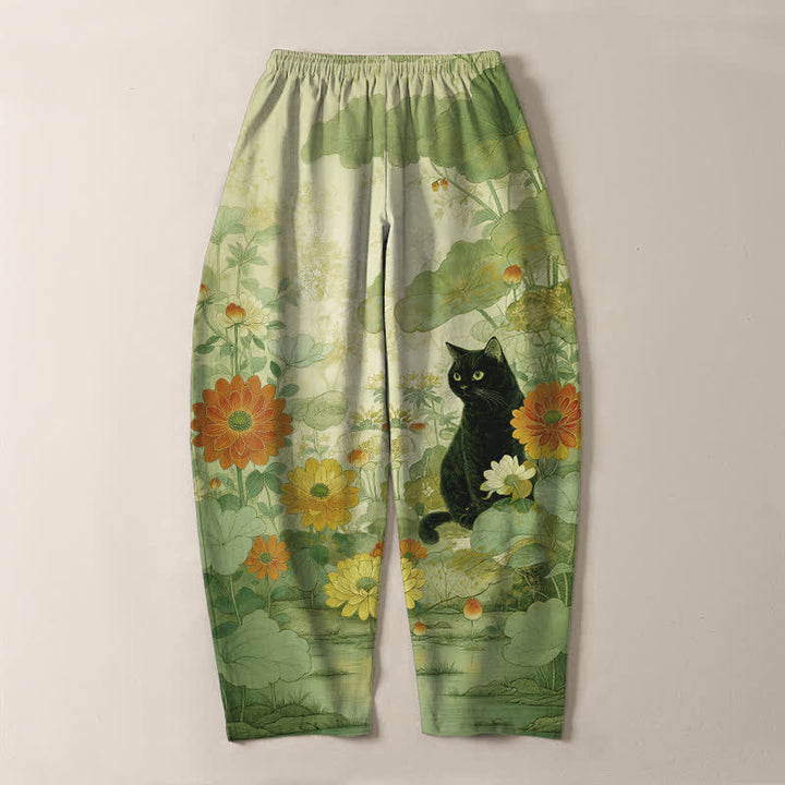 Buddha Stones Pantalon fuselé pour homme en pur coton, motif floral chat noir oriental, cordon de serrage et poches - image 10