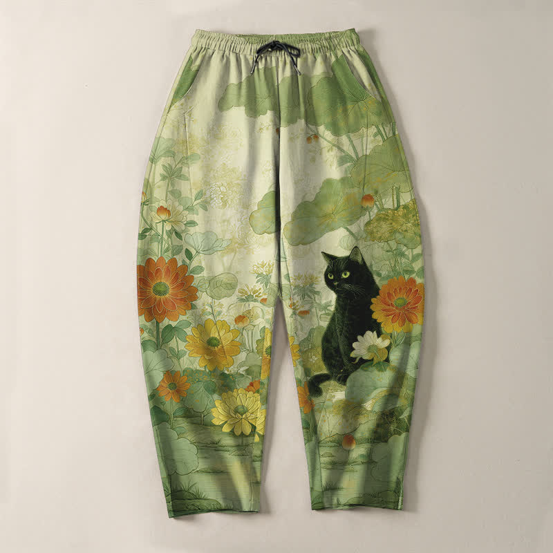 Buddha Stones Pantalon fuselé pour homme en pur coton, motif floral chat noir oriental, cordon de serrage et poches - image 9