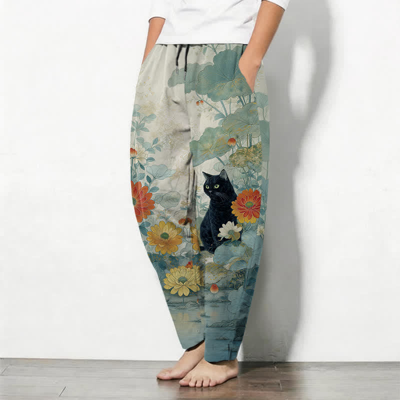 Buddha Stones Pantalon fuselé pour homme en pur coton, motif floral chat noir oriental, cordon de serrage et poches - image 12