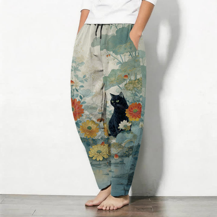 Buddha Stones Pantalon fuselé pour homme en pur coton, motif floral chat noir oriental, cordon de serrage et poches - image 12