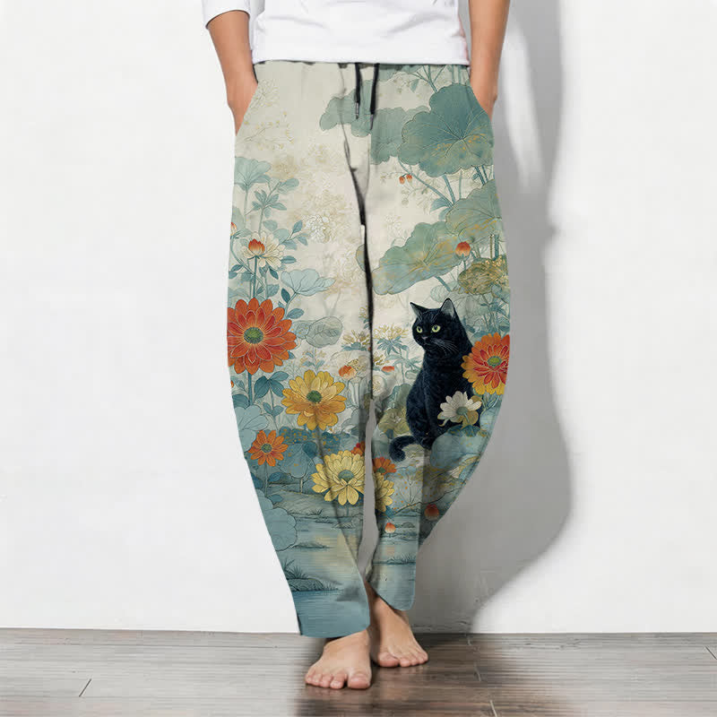Buddha Stones Pantalon fuselé pour homme en pur coton, motif floral chat noir oriental, cordon de serrage et poches - Turquoise pâle - US/UK/AU50，EU60 (5XL) - image 11