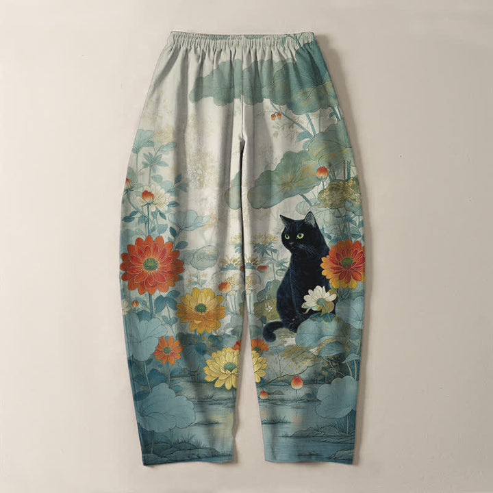 Buddha Stones Pantalon fuselé pour homme en pur coton, motif floral chat noir oriental, cordon de serrage et poches - image 14