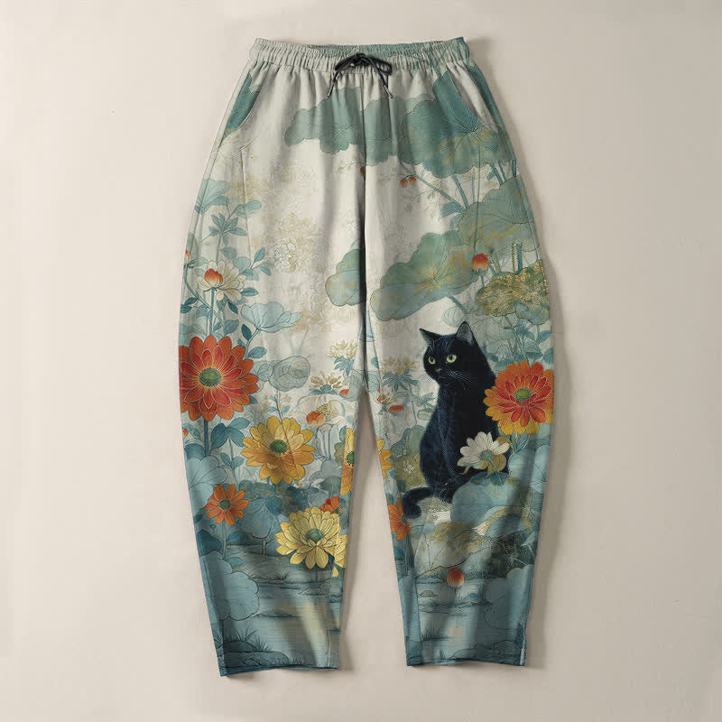 Buddha Stones Pantalon fuselé pour homme en pur coton, motif floral chat noir oriental, cordon de serrage et poches - image 13