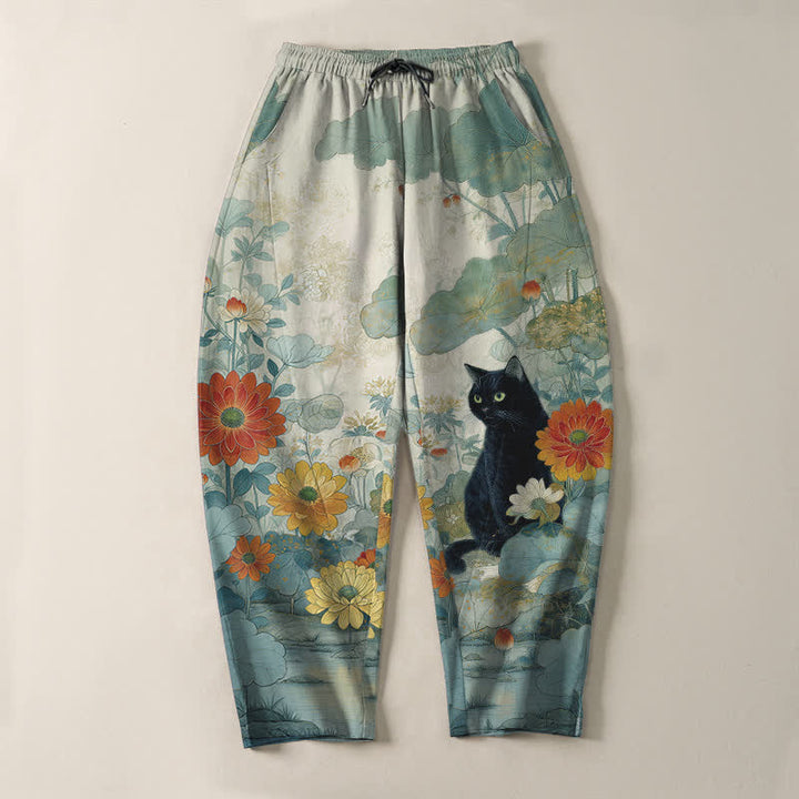 Buddha Stones Pantalon fuselé pour homme en pur coton, motif floral chat noir oriental, cordon de serrage et poches - image 13